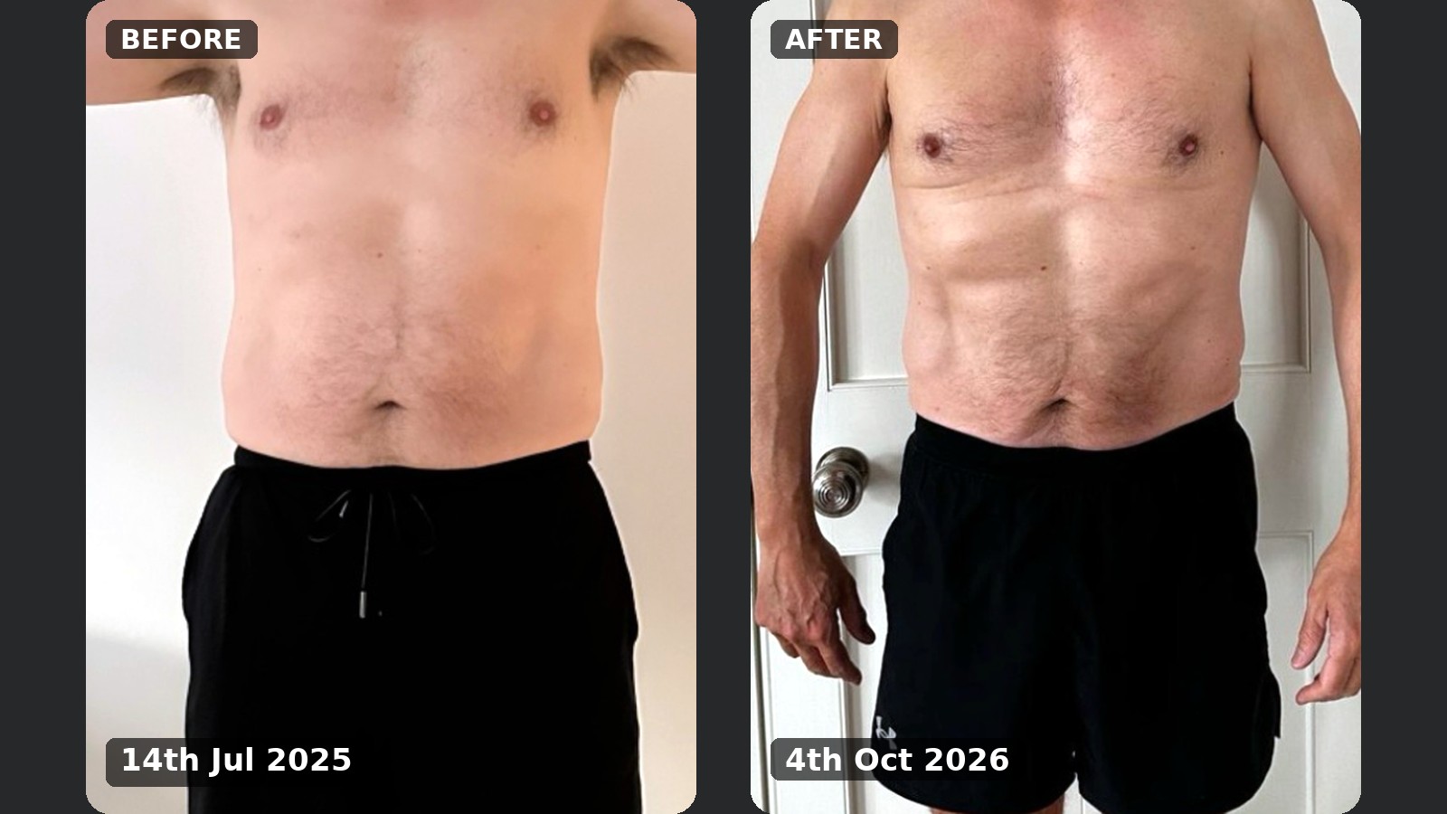 Front view, before and after, 14 July 2025 to 4 October 2026